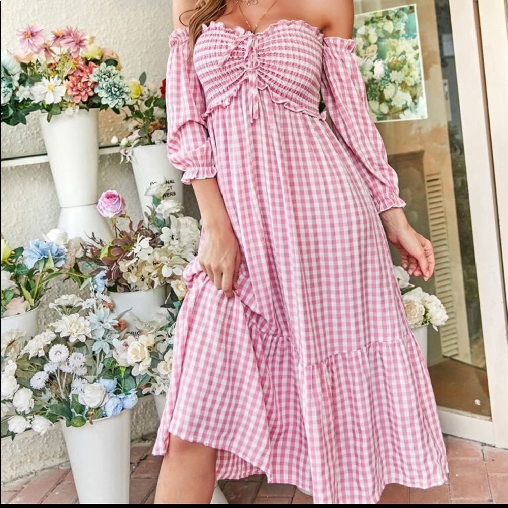 NEW Gingham Shirred Ruffle Hem Bardot Dress SIZE L